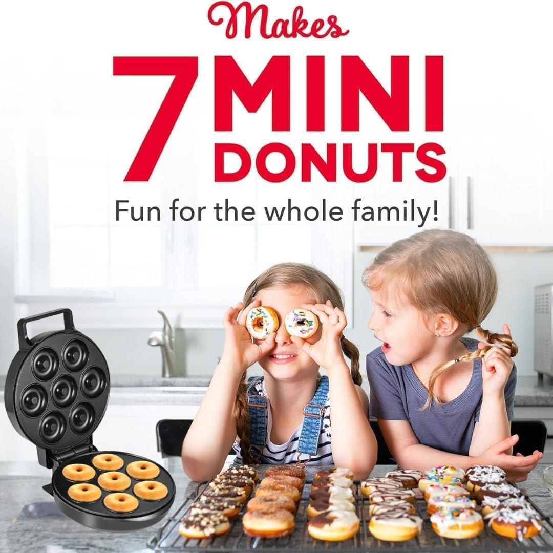 Two kids enjoying mini donuts beside a donut maker that makes 7 donuts at once.