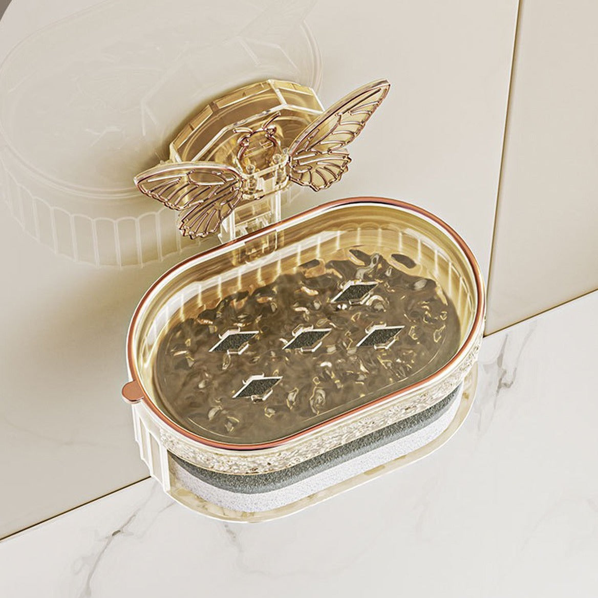 Double-Layer Butterfly Suction Cup Soap Box placed on the wall