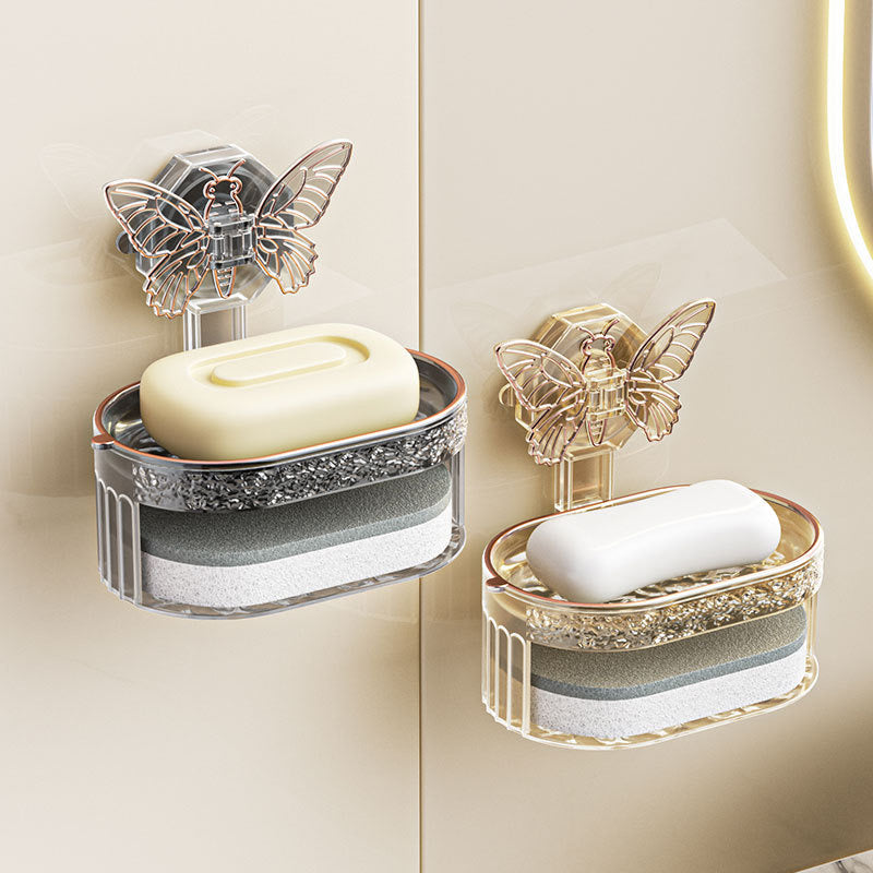 Double-Layer Butterfly Suction Cup Soap Box with Drainage placed on the wall