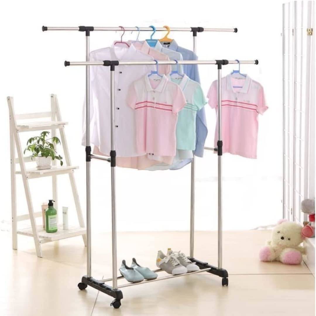 Double Pole Movable Cloth Hanger Organized with Clothes and Shoes.