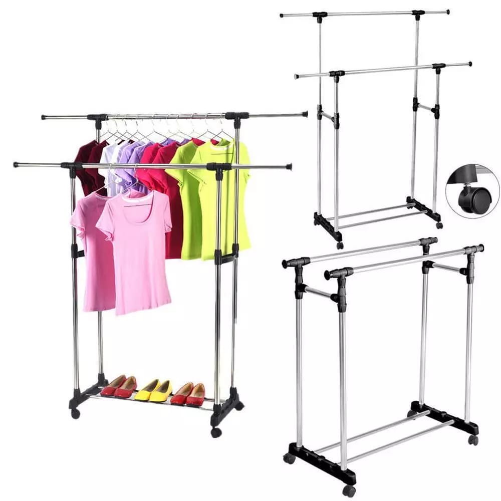 Double Pole Movable Cloth Hanger Organized with Clothes.