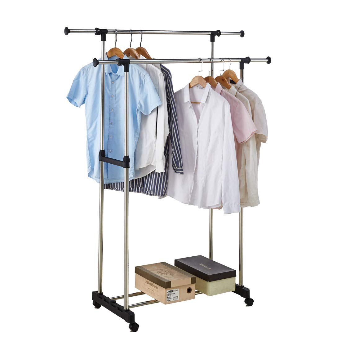 Double Pole Movable Cloth Hanger Organized with Clothes and Carton Box.