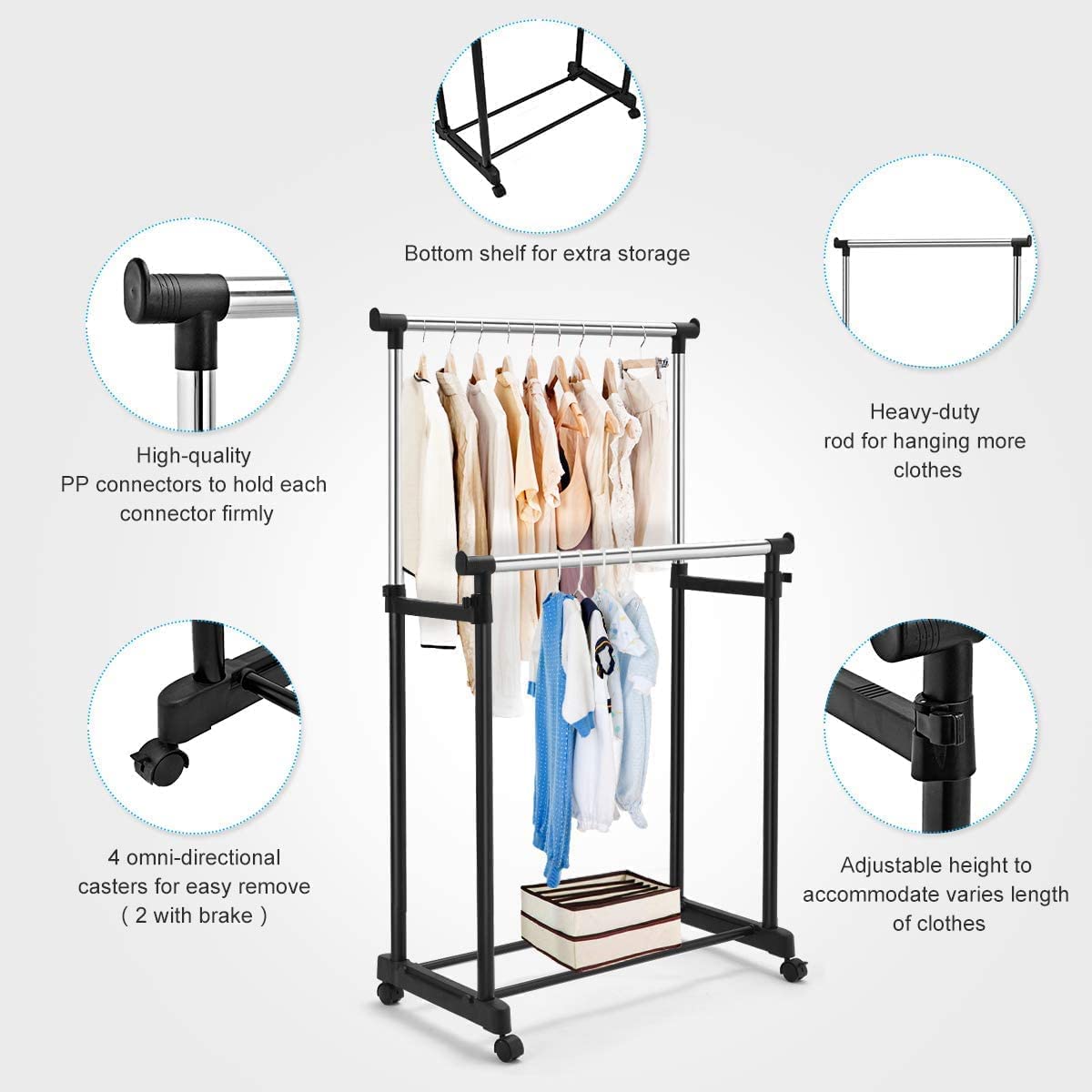 Parts Details Of Double Pole Portable Garment Rack.