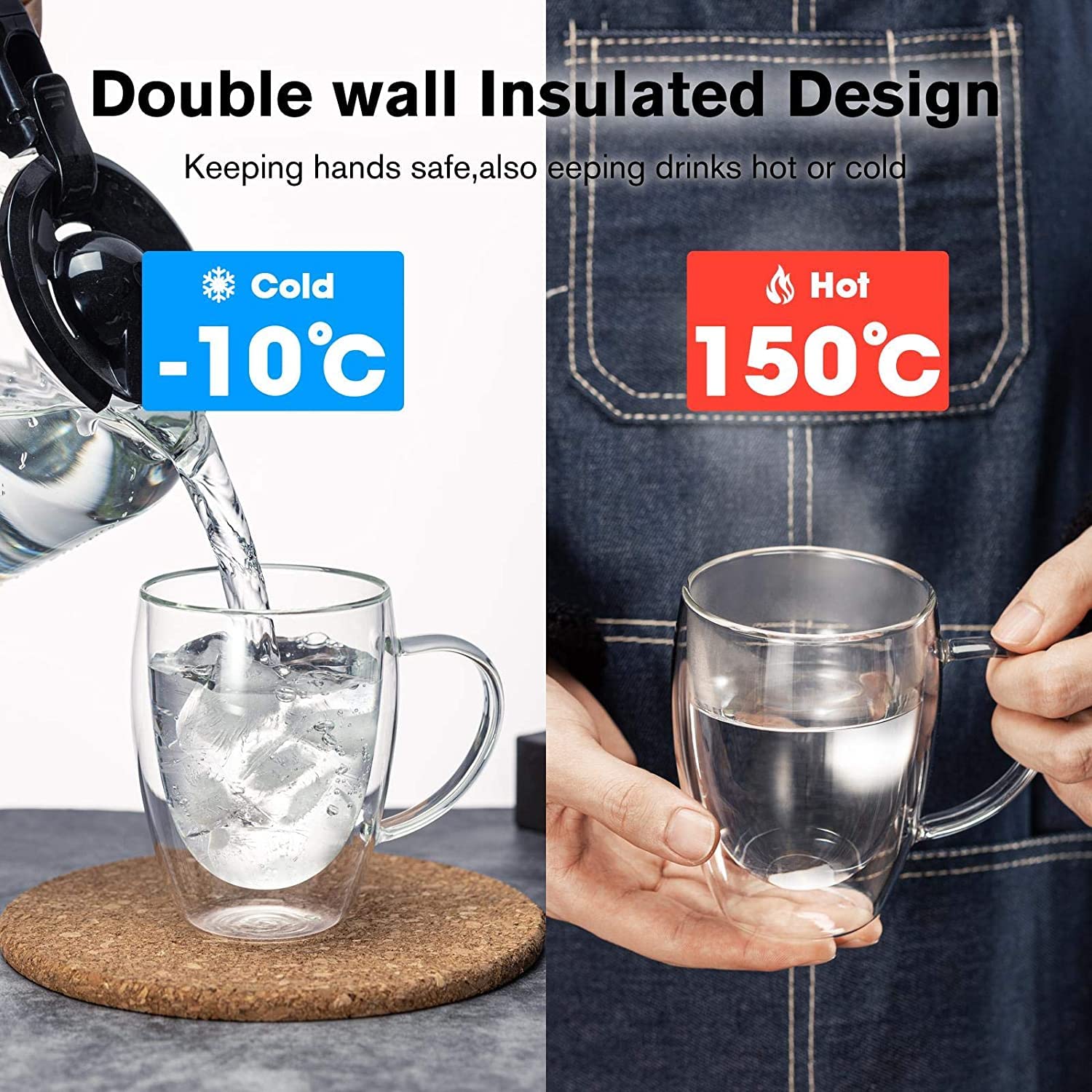 A Person is Holding Double Wall Glass Coffee Mug.