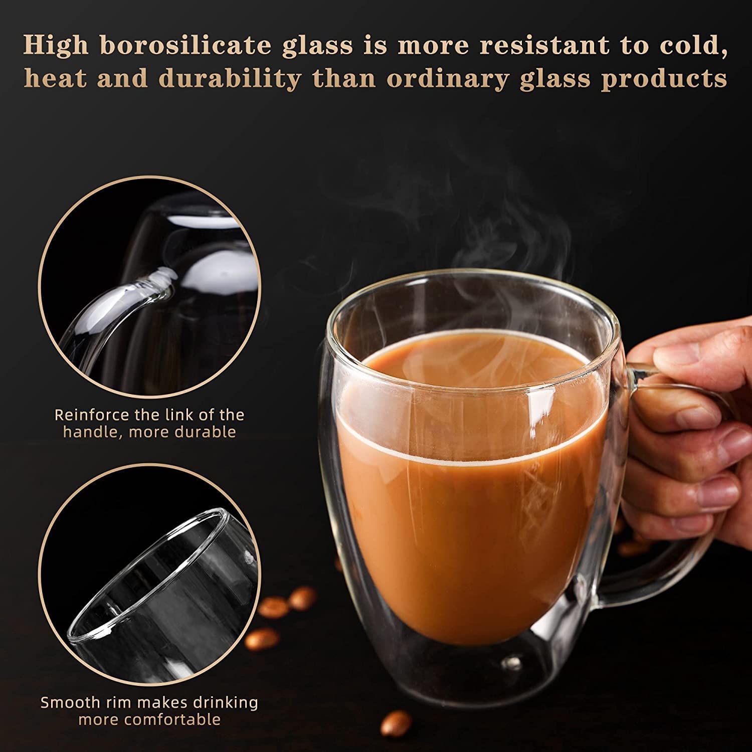 A Person is Holding Double Wall Glass Coffee Mug with Coffee.