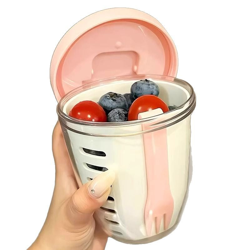 A Person is Holding Drainable Fruit Storage Cup with Lid & Fork.