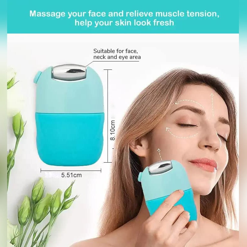 A Woman is Using Dual Ice Facial Roller.