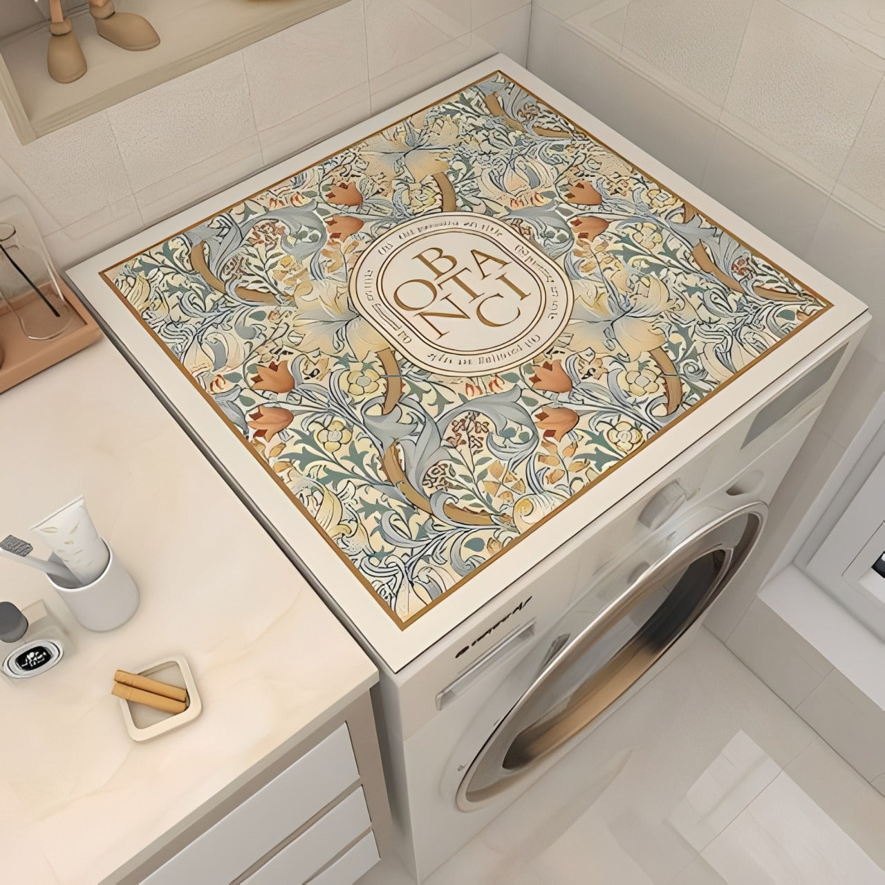 A washing machine covered with Dust Proof Top Cover Mat