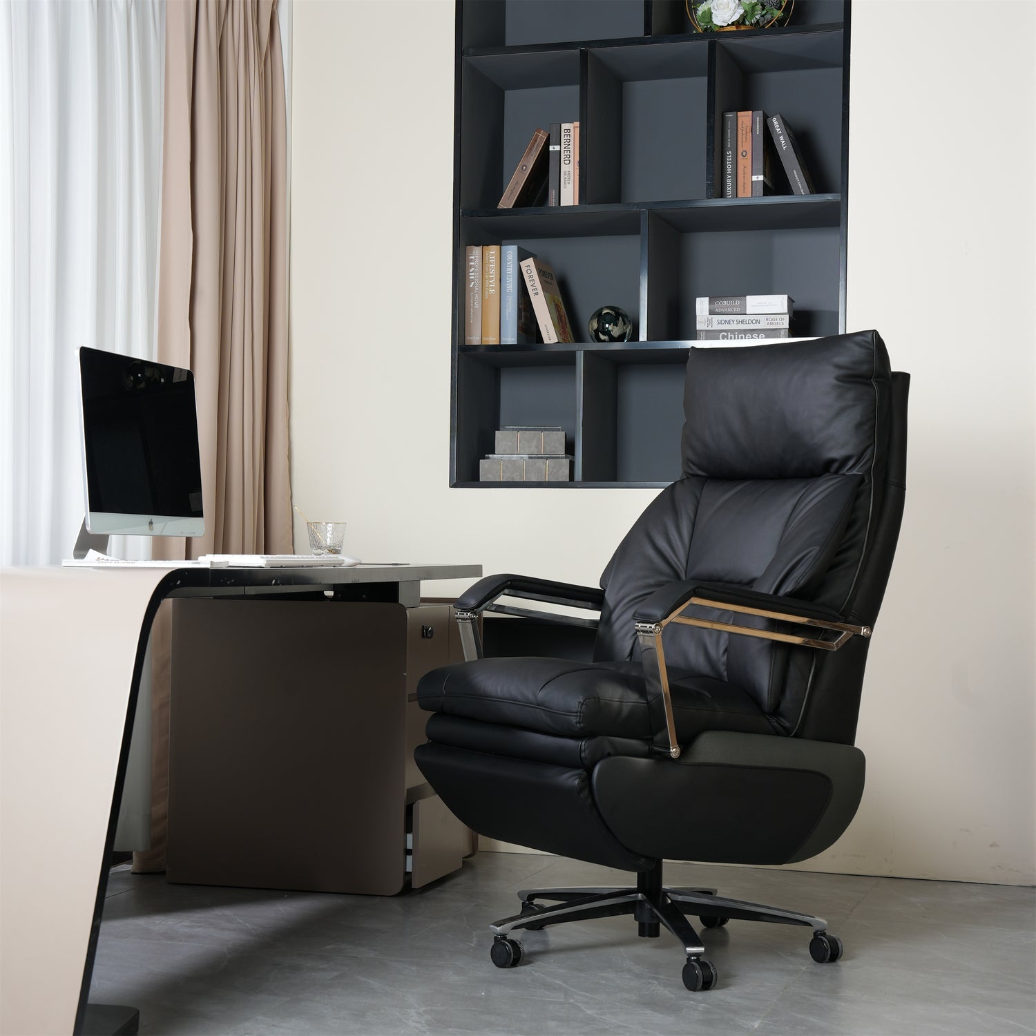 Adjustable Electric Office Chair placed in front of an office desk in an office room