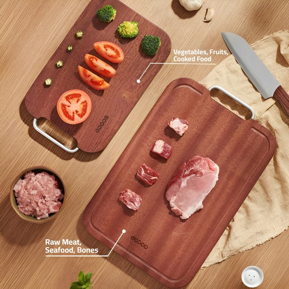 Vegetables and Meat are Placed on the Ecoco Ebony Wooden Chopping Board.