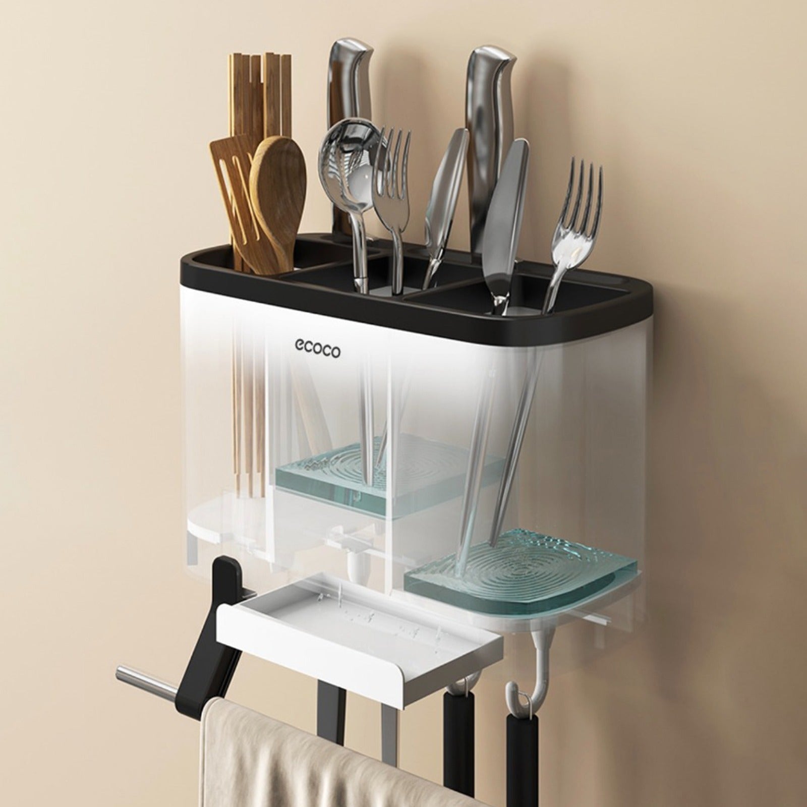 Ecoco Utensil Storage Rack placed on the wall with some items in it