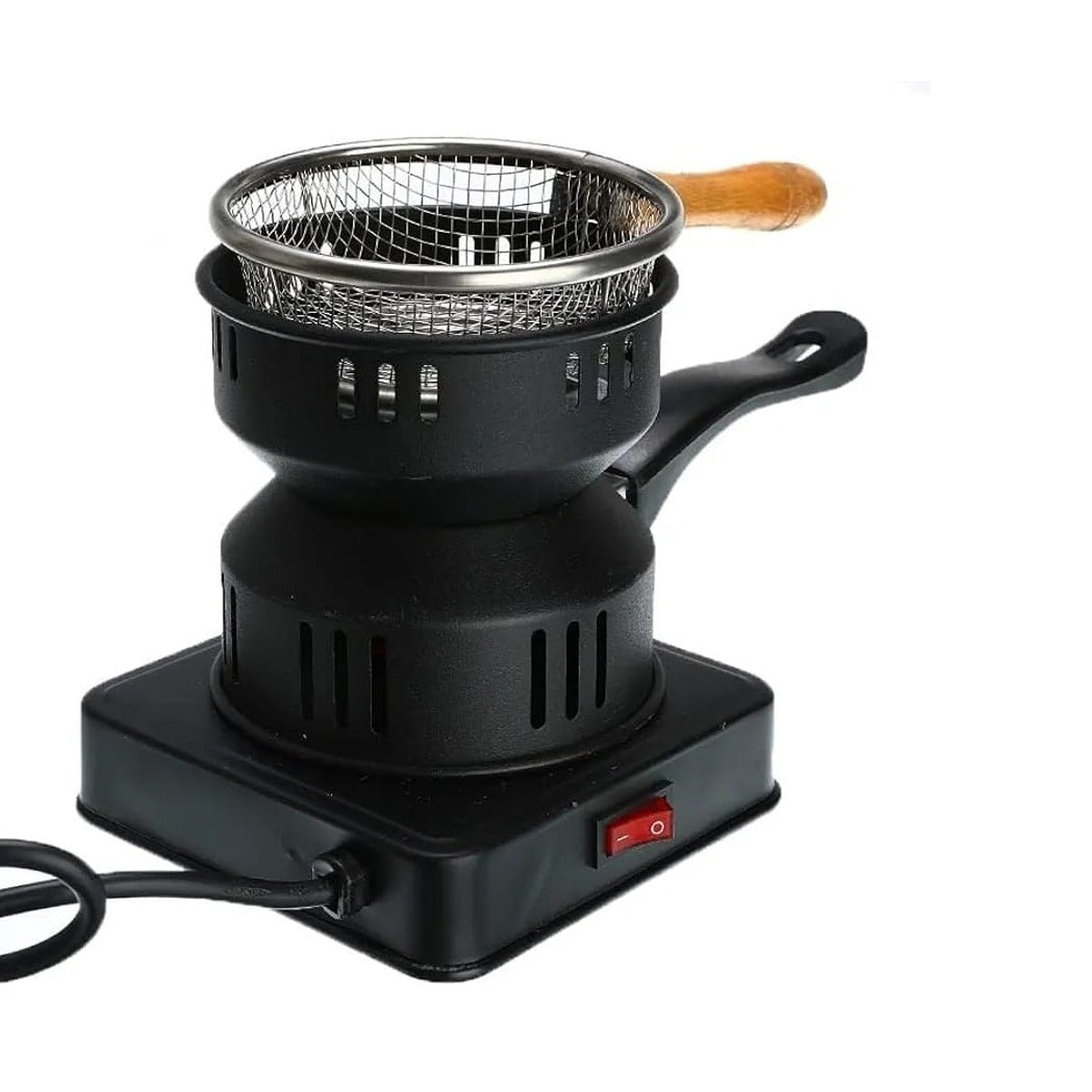 Stainless steel mesh basket with a wooden handle rests inside the heating chamber, An electric charcoal burer placed in a floor