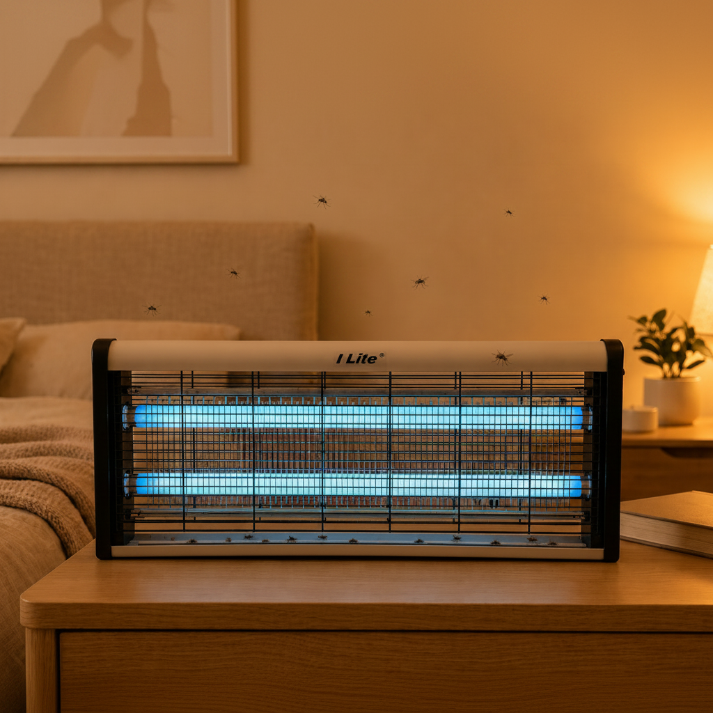 Electric Mosquito Zapper on a table with a couch and lamp in the background