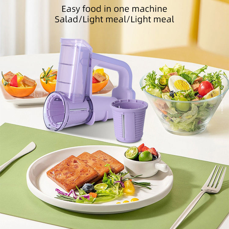 Plates and Bowls of Salad are Placed Around Electric Vegetable Cutter & Salad Maker in a Table.