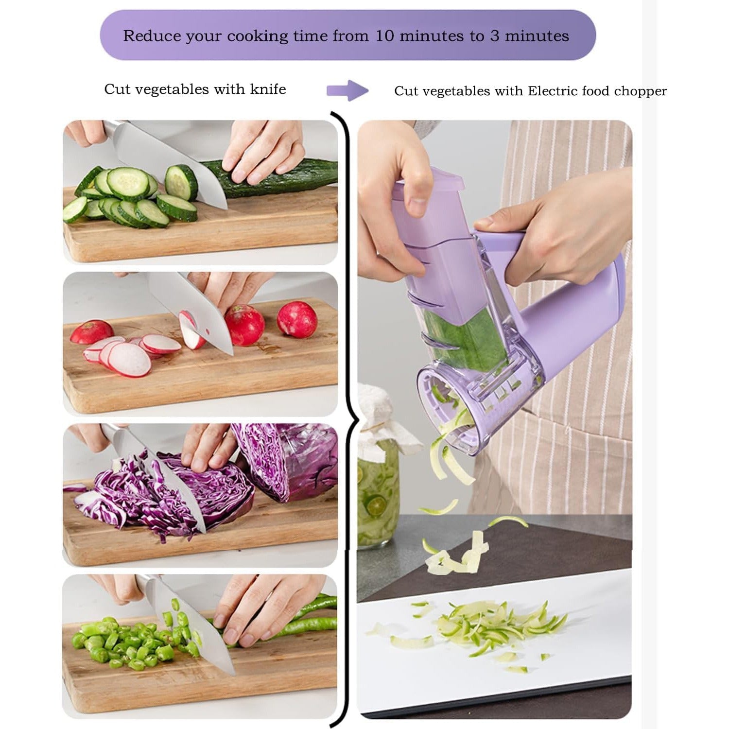 Image Shows the Comparison Between the Usage of Normal Knife and Electric Vegetable Cutter & Salad Maker.