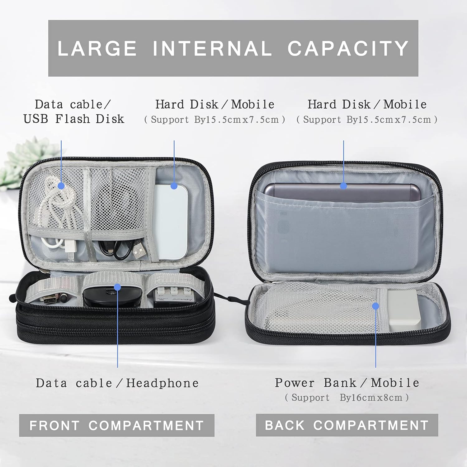 Black Electronic Accessories Organizer Travel Case with compartments labeled for data cable, USB flash drive, hard disk, power bank, and mobile devices.