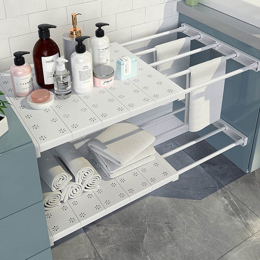 Some items arranged on the Expandable Closet Tension Shelf Divider