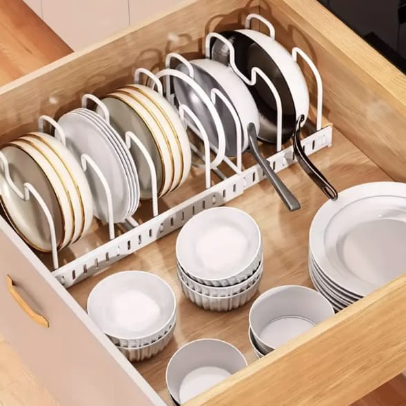 Expandable Pot and Pan Organizer Rack Organized with Pans and Plates Placed in a Dish Rack.