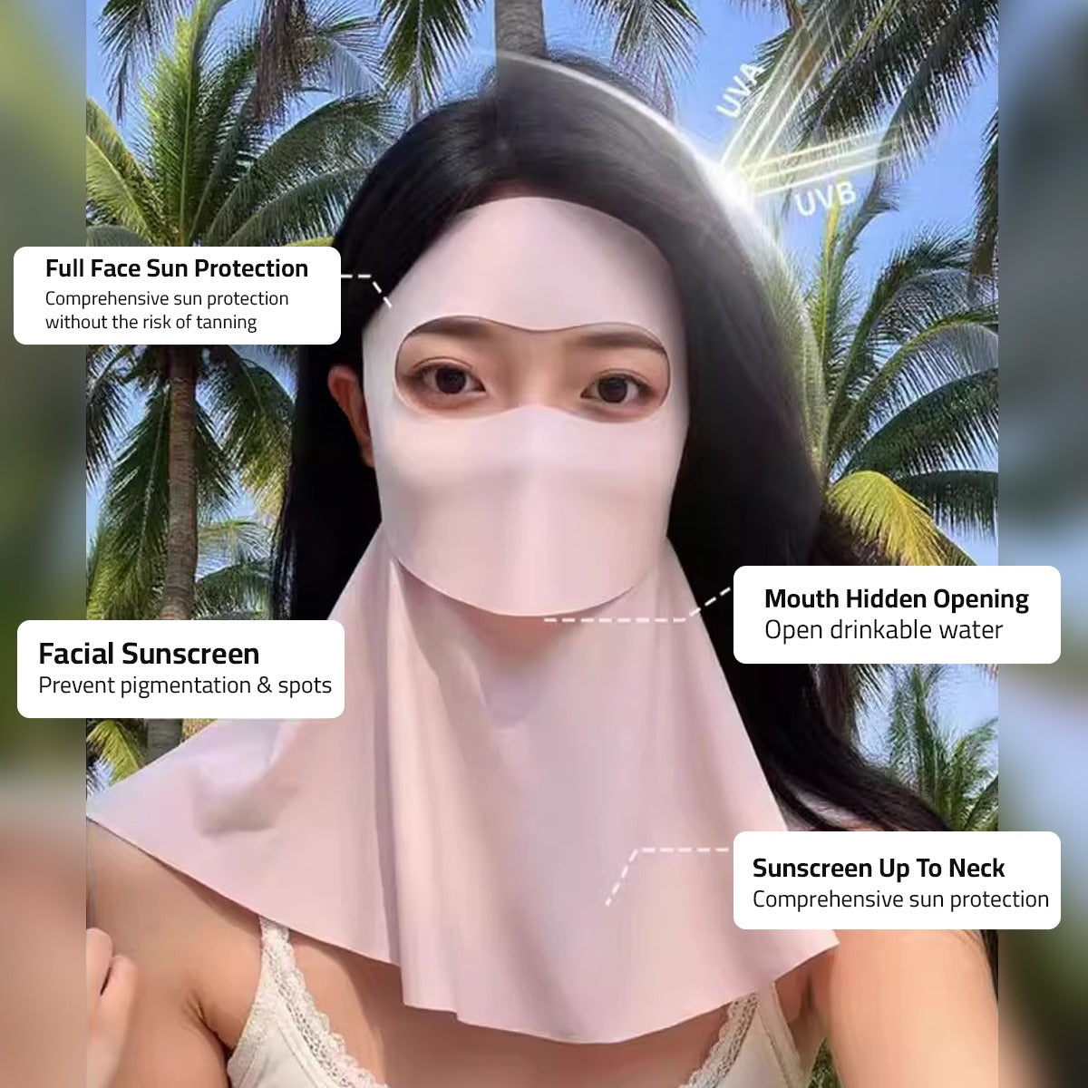 A person using a Full Face & Neck Coverage mask Protects skin from harmful UVA/UVB rays, preventing sunburn, tanning, and pigmentation