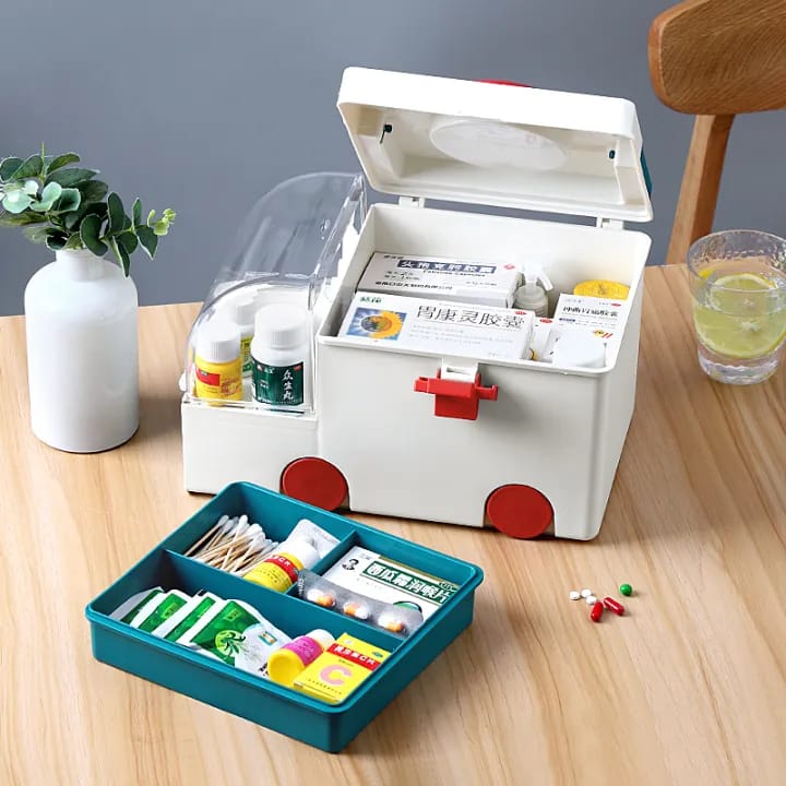 First Aid Kit Medicine Storage Box With Medicines in it.