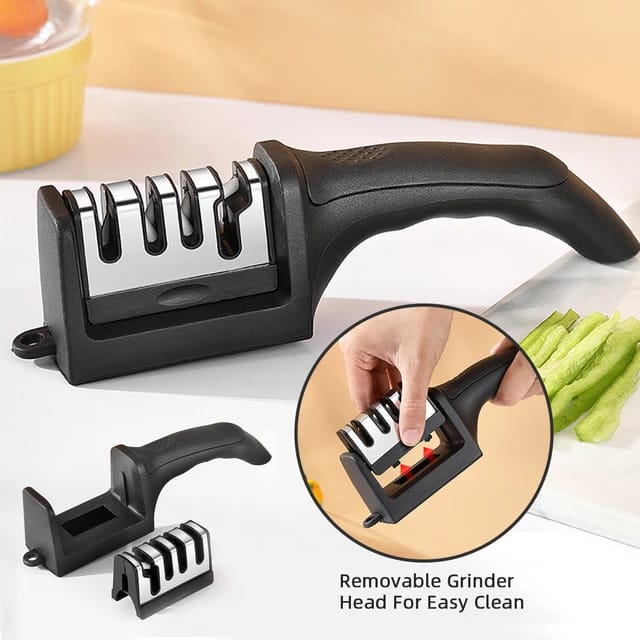 A Person is Fixing Blade Of Kitchen Knife Sharpener.