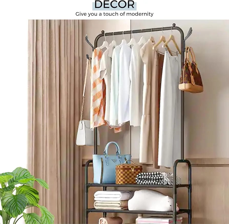 3-in-1 Floor Standing Clothes Rack with Cloths, Bags, Cheppal and Other Home Essentials are Organized.