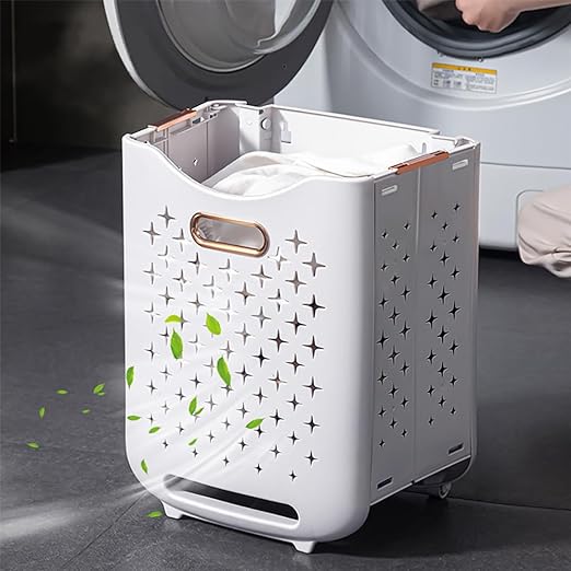 2 Tier Laundry Baskets with Wheels placed on the floor in front of the washing machine