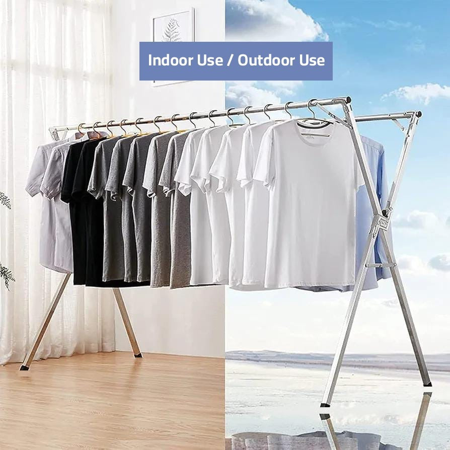 Foldable Cloth Drying Rack with Cloths are Hanged on it.