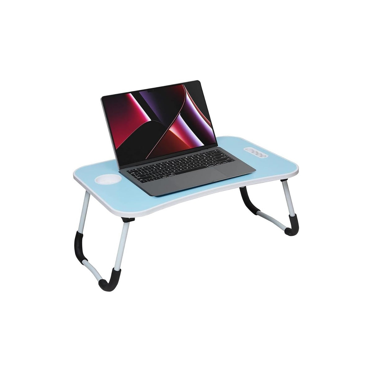 A Foldable Laptop Table with silver metal legs, shown holding an open laptop on a plain white background.