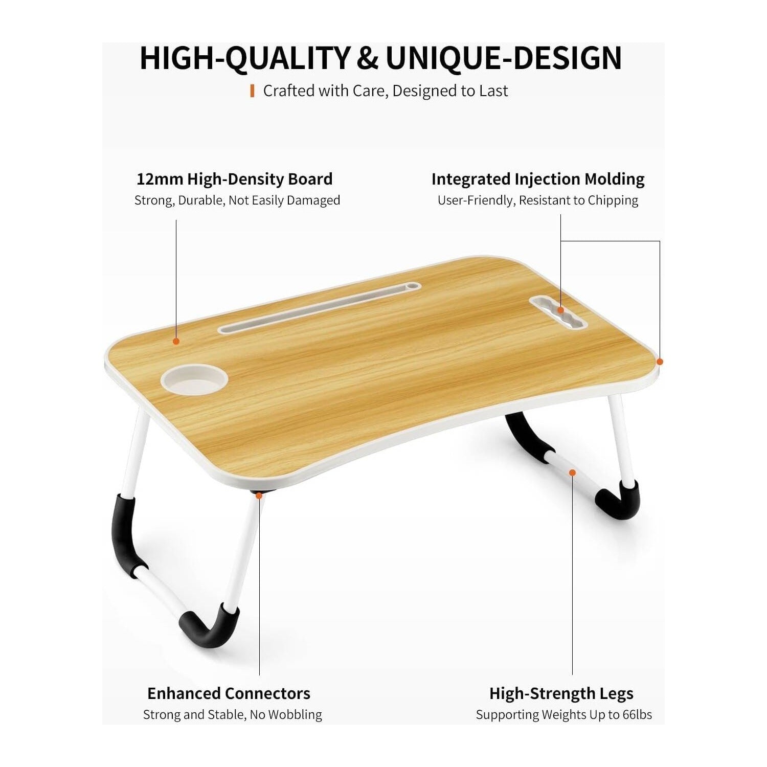 A laptop desk with a light wood-grain board and white folding legs with black feet, shown on a white background with callout text highlighting features like a 12mm high-density board, integrated injection molding, enhanced connectors, and high-strength legs.