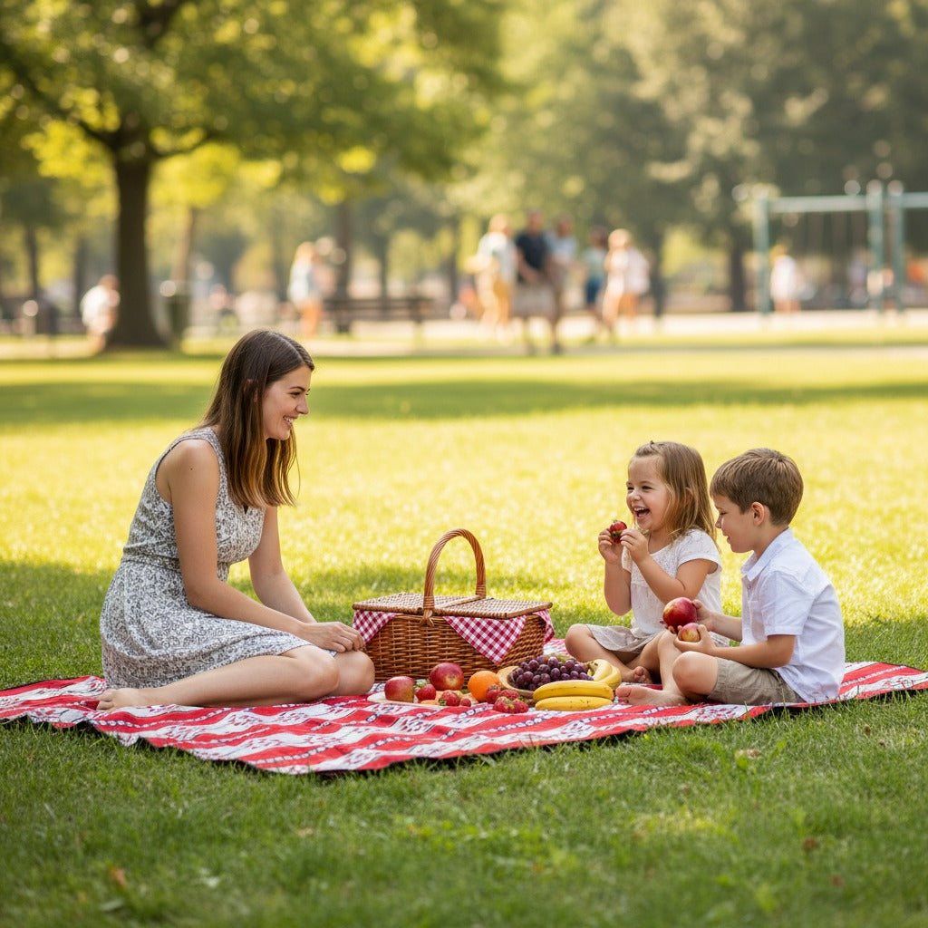 A Lady and Her Children are Sitting On a Foldable Outdoor Picnic Mat and Enjoying Their Picnic.