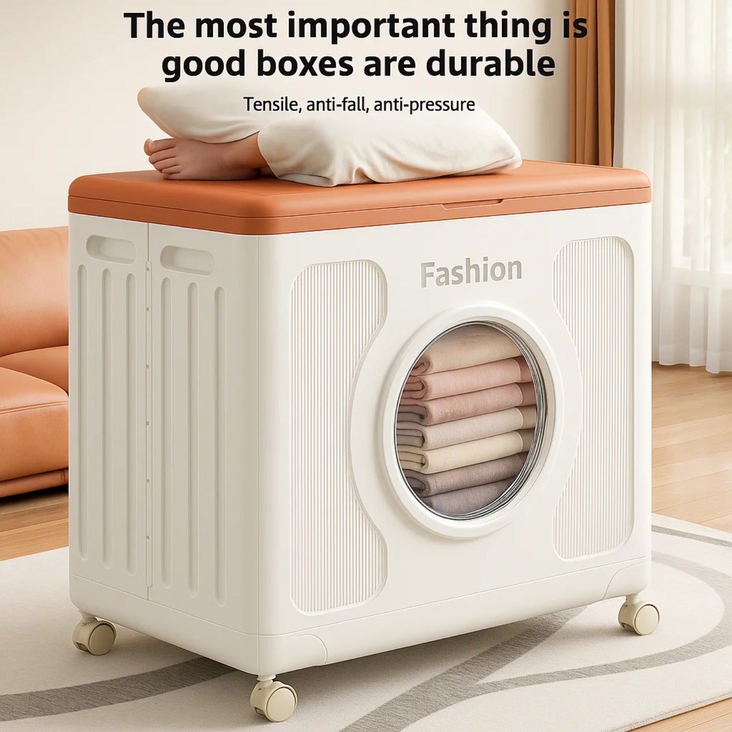 A Person is Sitting Over Foldable Storage Organizer Box.