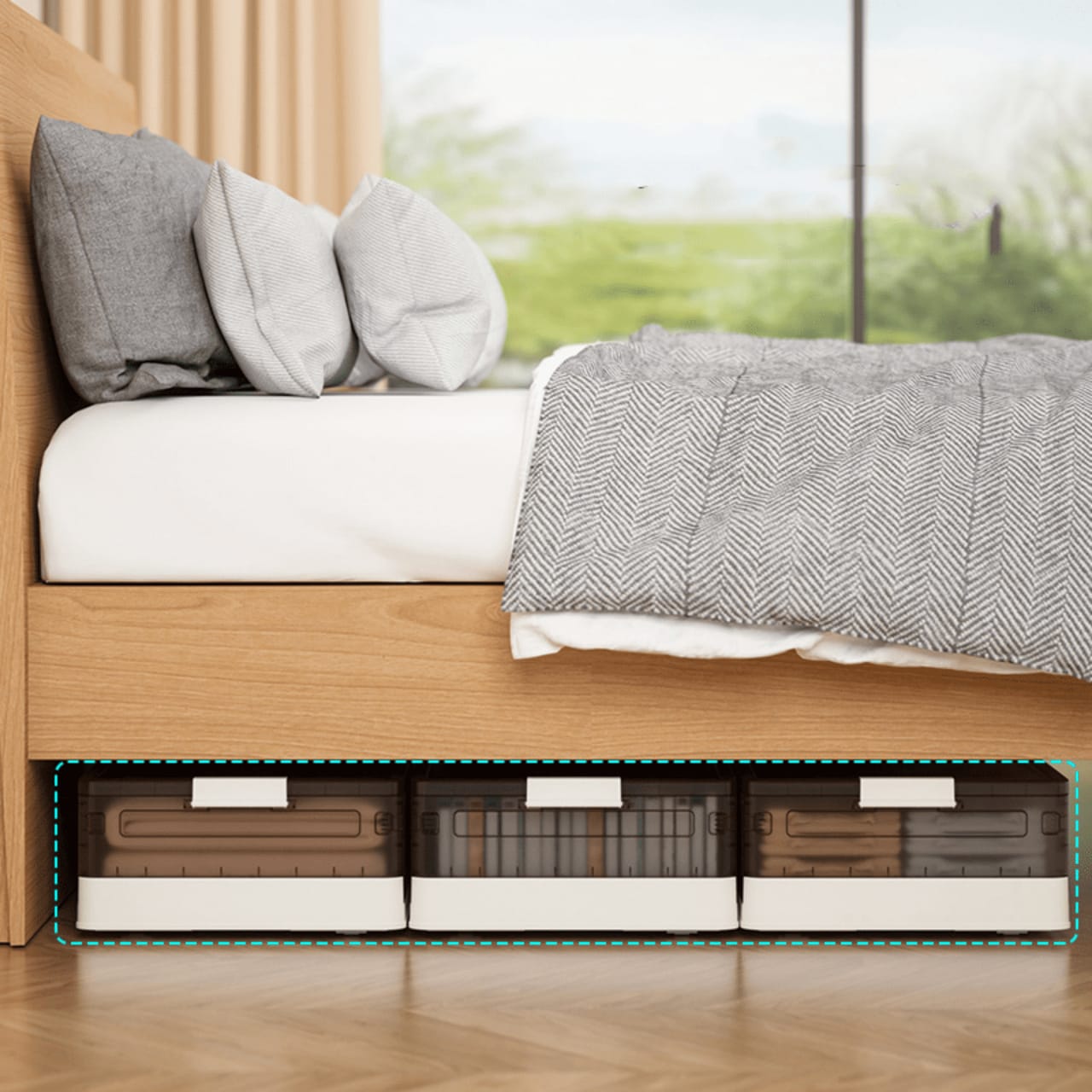 Foldable Under Bed Rolling Storage Organizer Container Placed Under Bed.