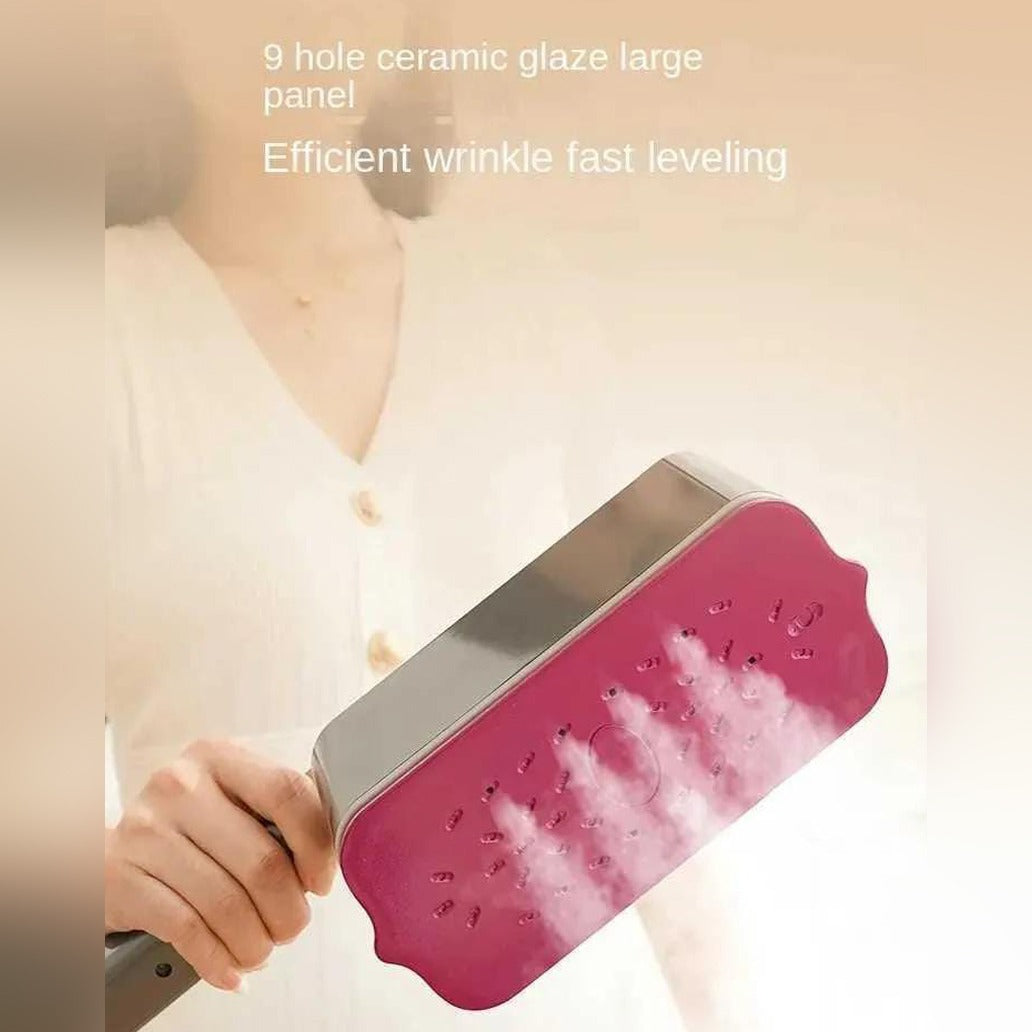 A Women is Holding Folding Electric Steam Iron.