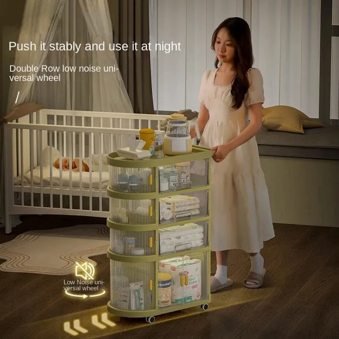 A girl rolling on the floor assembling the Free Installation Multi-Layer Folding Trolley Storage Rack