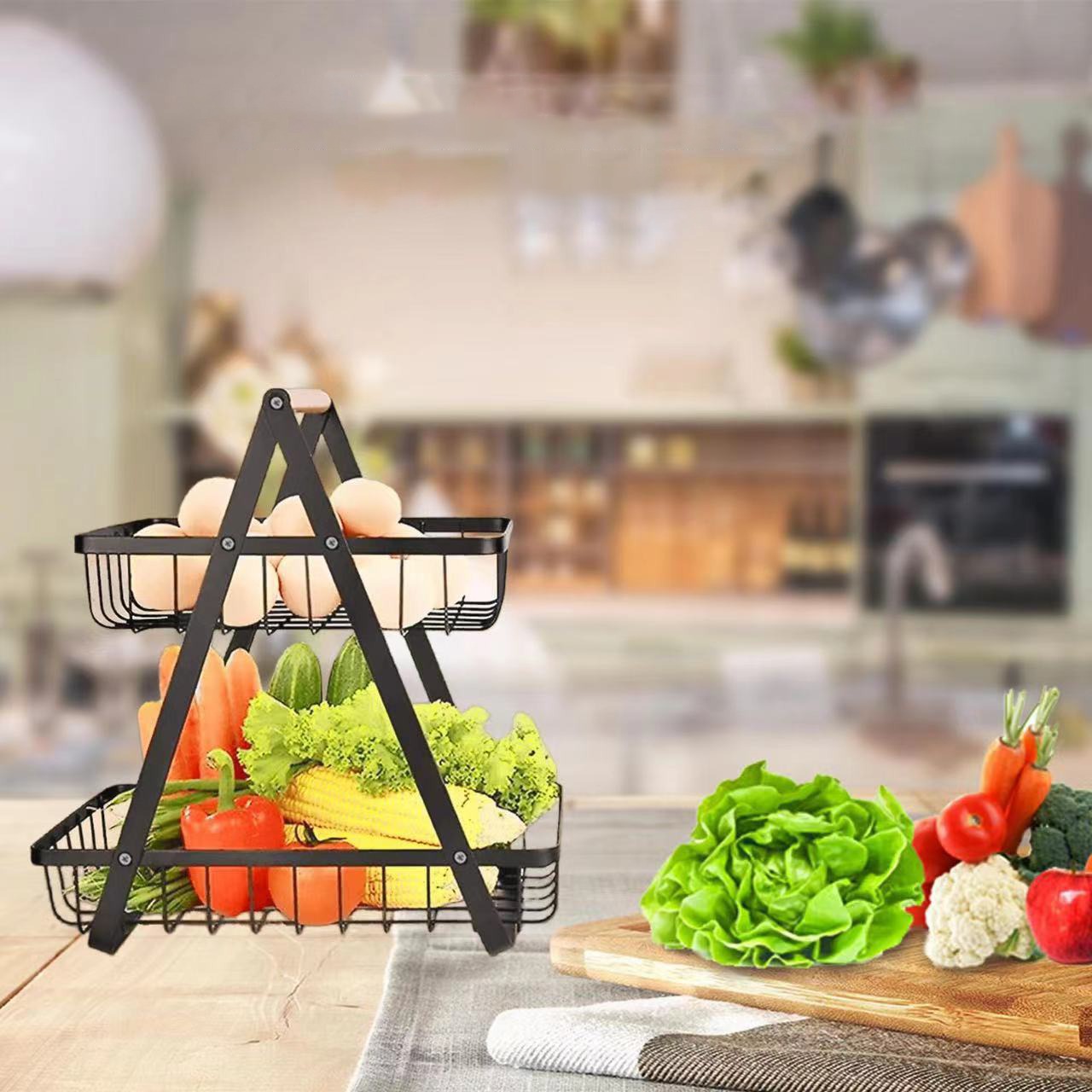 A Fruit Display Stand with Vegetables.