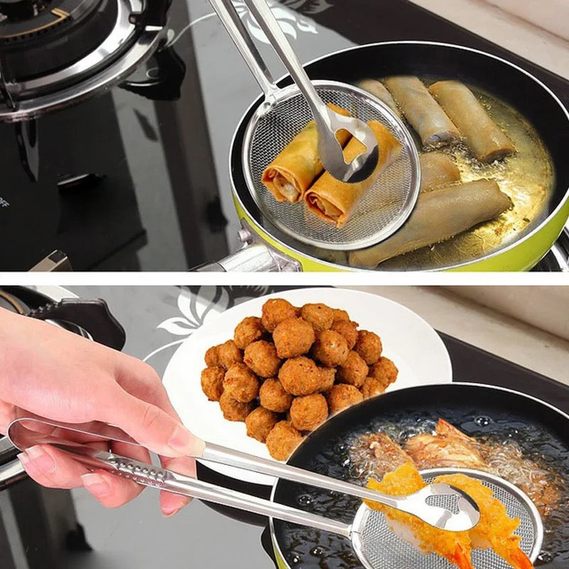 A Person Is Frying Snacks Using Stainless Steel Strainer.