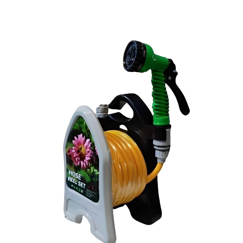 Garden Hose Reel Pipe with Spray Gun in Orange Color.