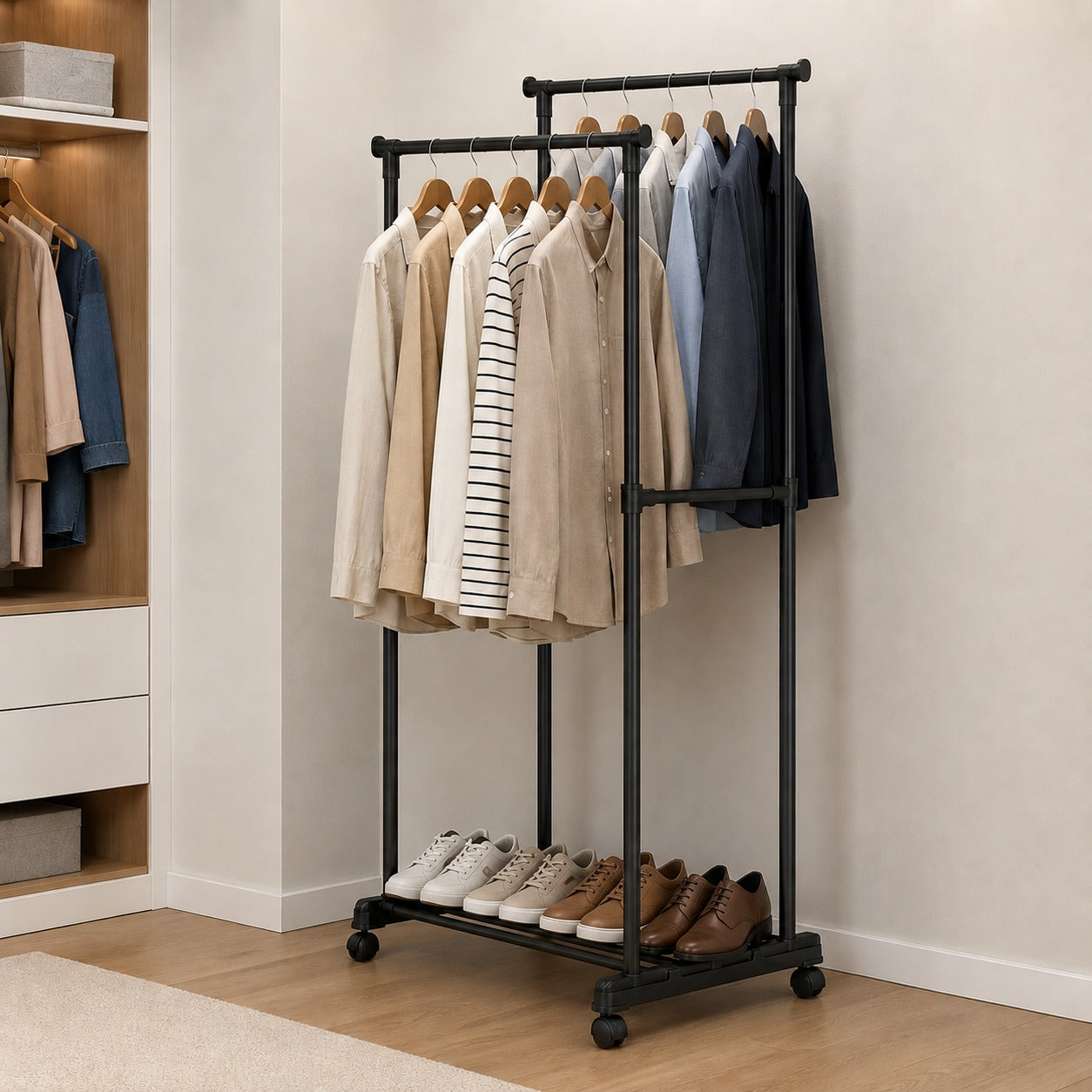 A black metal rolling Garment Rack with two hanging bars and a shoe shelf, shown in a real room with beige walls, wood floor, and other closet items nearby. The rack is styled with neutral-toned shirts and jackets on hangers and several pairs of shoes on the lower shelf.