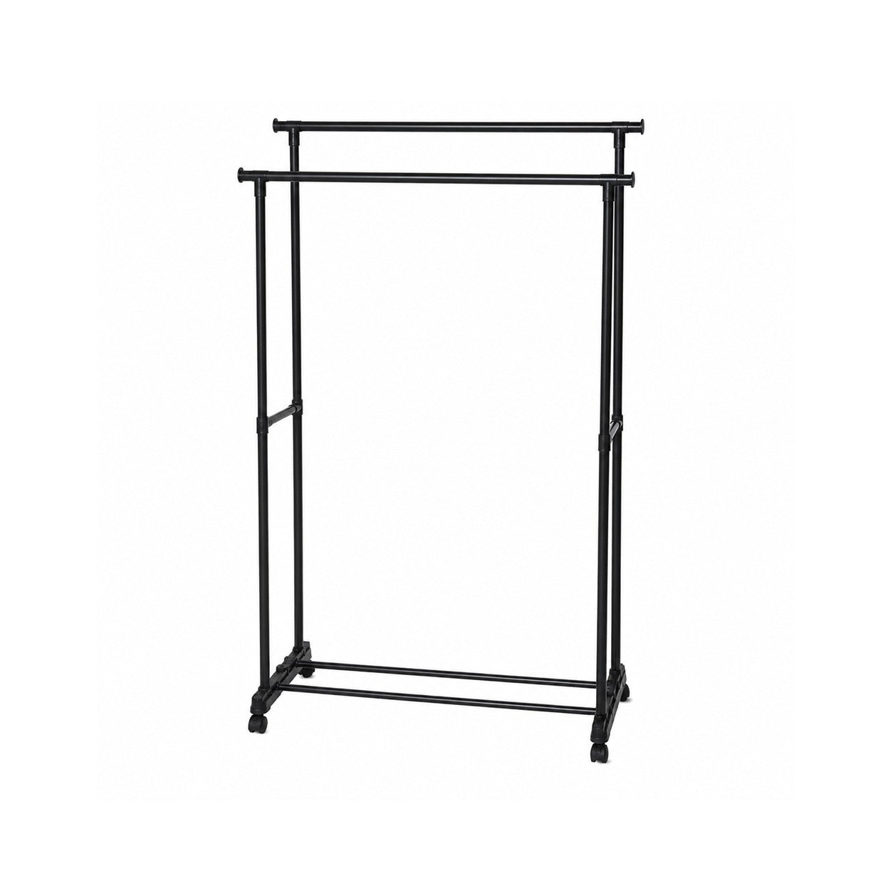 A black metal double Garment Rack with a wheeled base, shown on a plain white background.