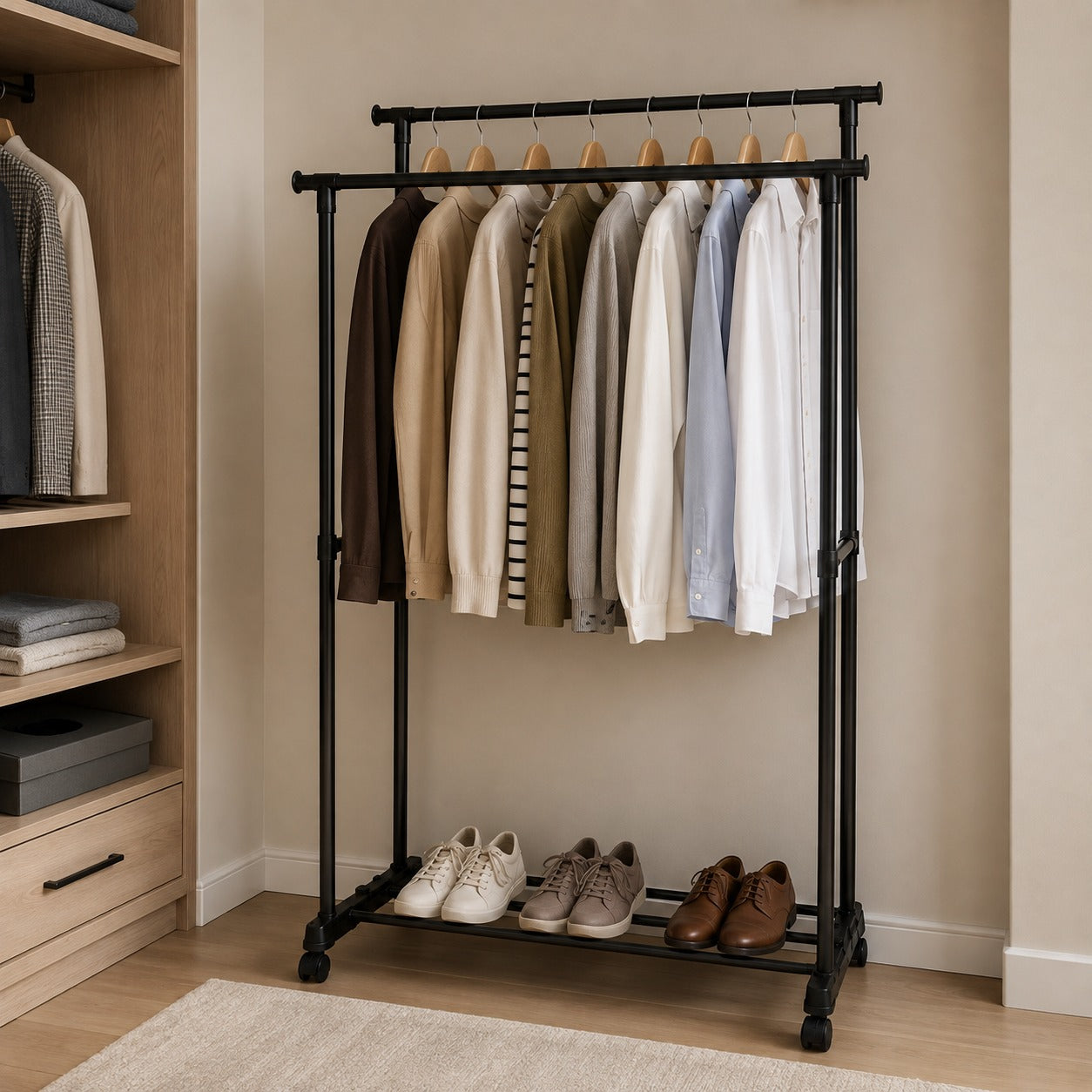 A black metal rolling garment rack with a top bar holding multiple hanging shirts and a lower shelf holding three pairs of shoes, placed in a beige room next to a wooden closet.