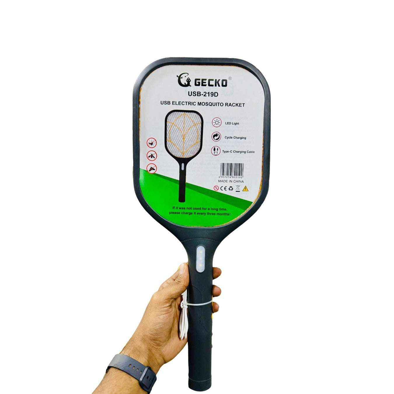 A Person is Holding Gecko Electric Mosquito Racket.