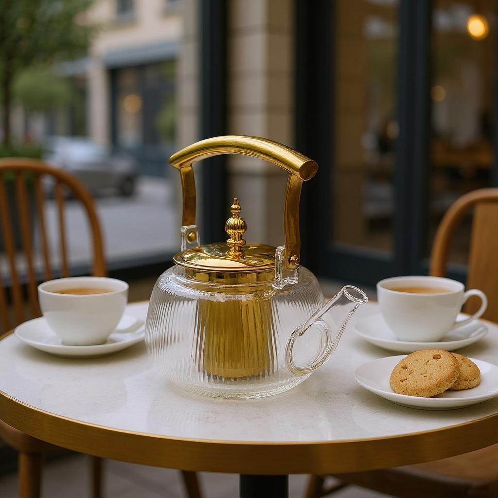 Glass Coffee Tea Pot Along with Tea Cup and Snacks are Placed on Table.
