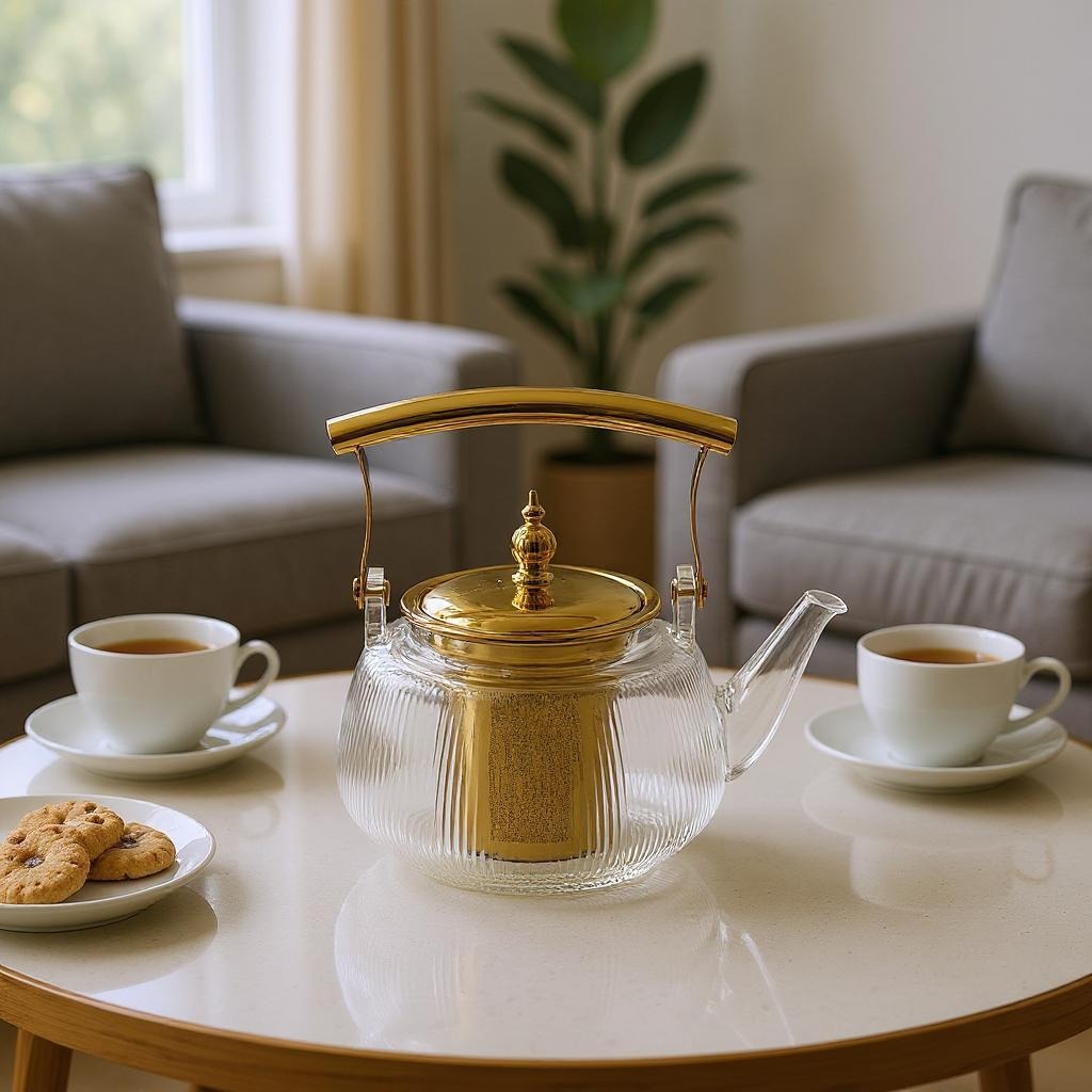 Glass Coffee Tea Pot Along with Tea Cup and Snacks are Placed on Table.