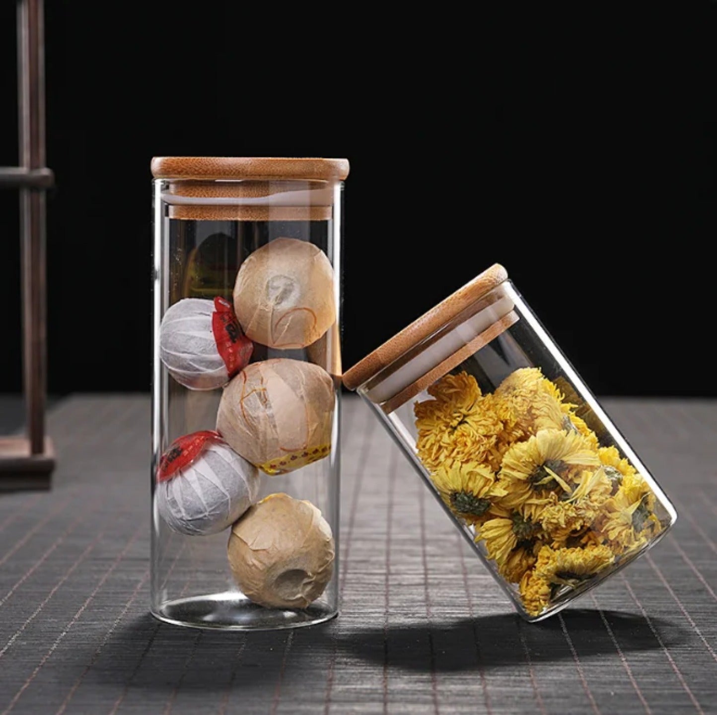 Glass Storage Jars are Filled with Spices.