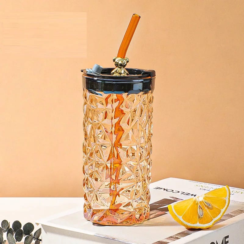 Drinking Glass Tumbler With Straw and Lid.
