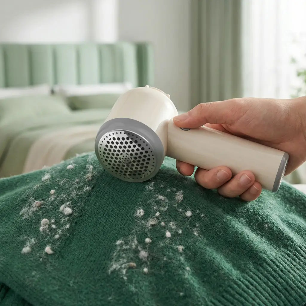Person using a Lint Remover of Green Lion 3-in-1 Garment Steamer on a green sweater with visible hair removal
