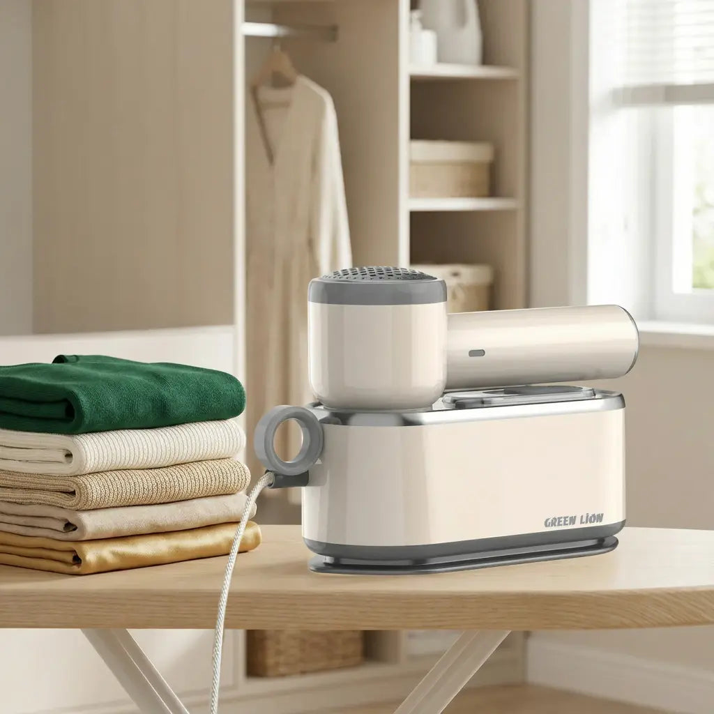 Green Lion 3-in-1 Garment Steamer on a table with folded clothes in a room setting