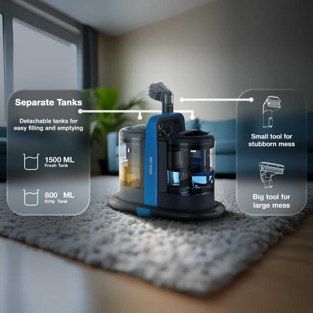 Cleaning device with separate tanks and tools on a Green Lion Carpet Cleaner Pro