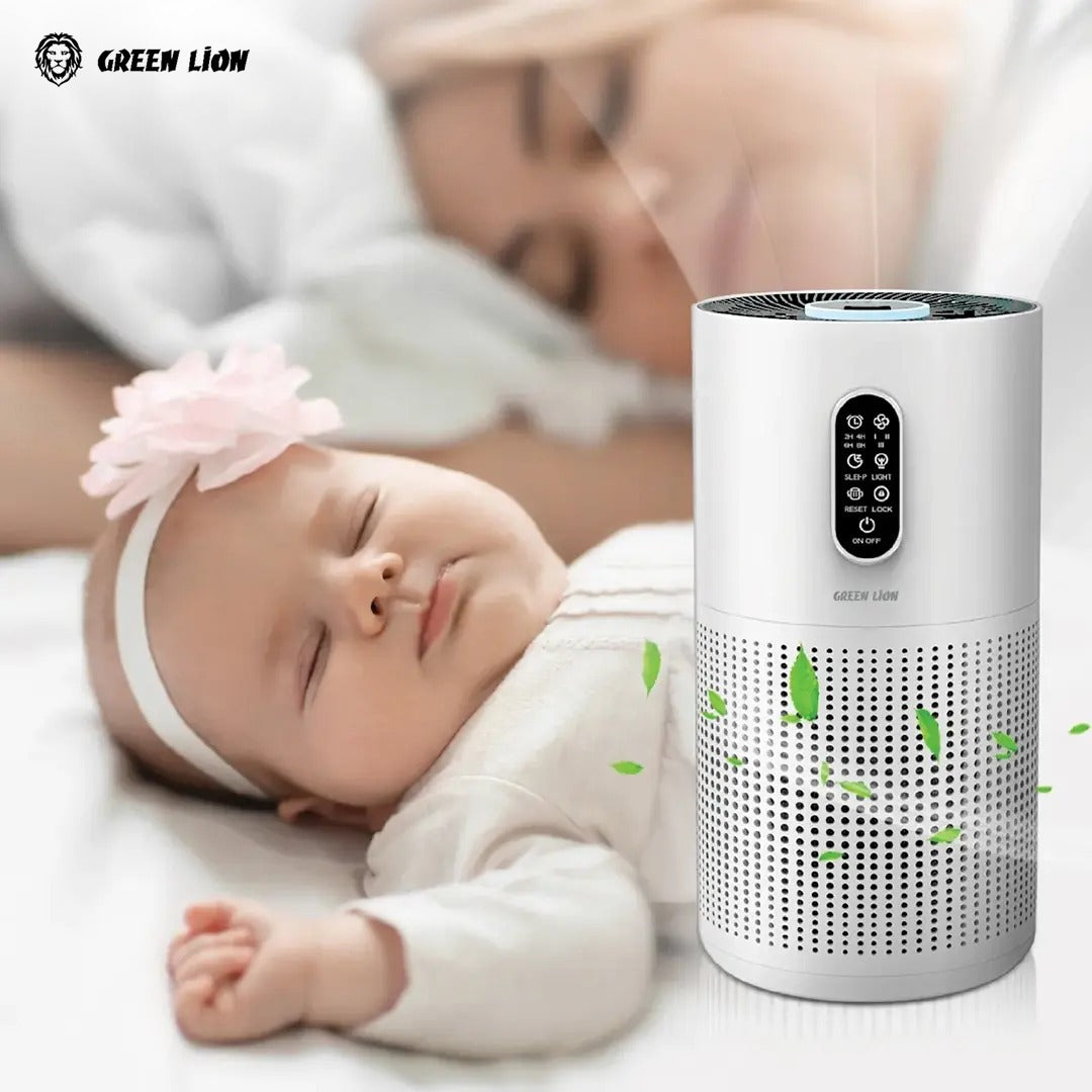 A Baby and Mother is Sleeping with the AidOf Green Lion Compact Air Purifier.